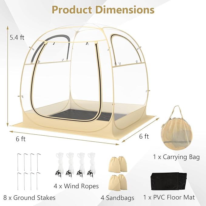 Tangkula All Weather Pop Up Instant Tent for 5-6 People, With Waterproof Tarp Floor, Outdoor Clear Bubble for Sports Events, Fishing, Camping, Cheering (6x5.4Ft)