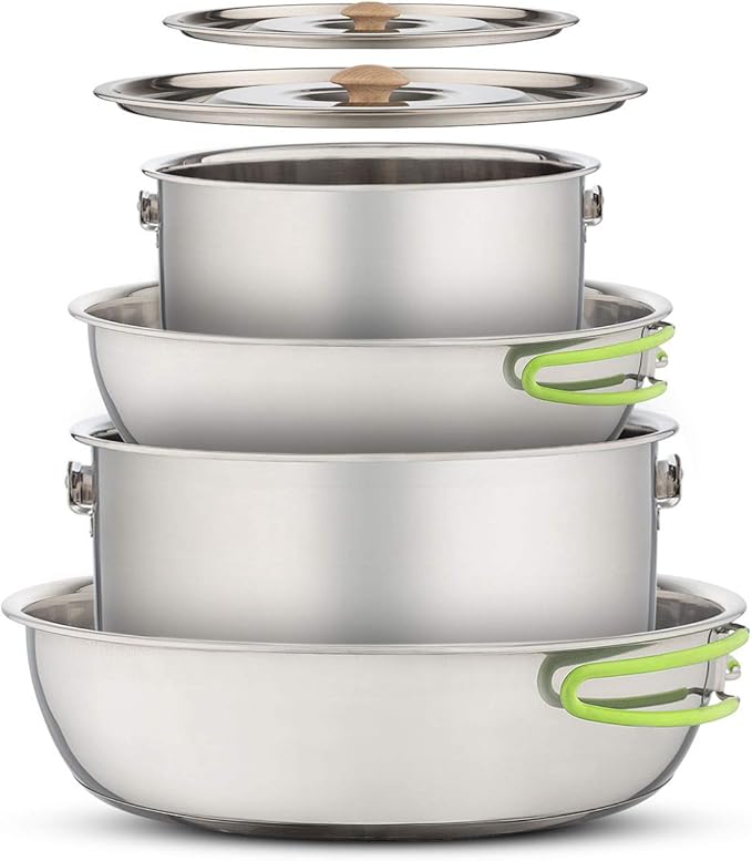 Camping Cookware Set - Compact Stainless Steel Campfire Cooking Pots and Pans | Combo Kit with Travel Tote Bag | Rugged Outdoor Cook Set for Hiking | Barbecues | Beach