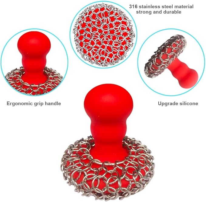 316 Upgraded Chainmail Scrubber with Silicone Handle Cast Iron Cleaner for Cast Iron Grill Pan Skillet Wok Bakeware Ergonomic to Hold Easy to Use Dishwasher Safe, Scrubber + Scraper + Towel (Red)
