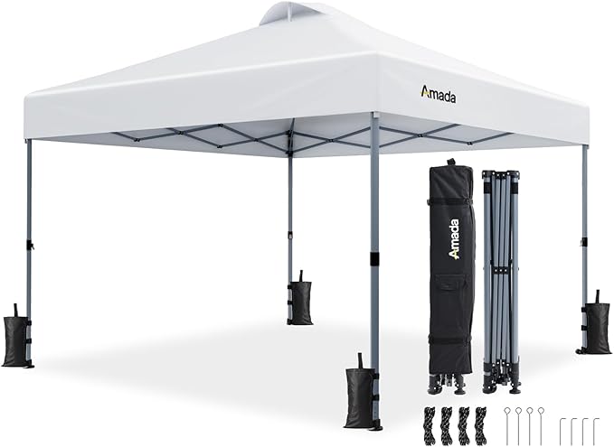 Amada 12x12 Pop Up Canopy - Center Lock One Push Instant Setup Gazebo Outdoor Canopy Beach Tent with STO-N-Go Bag 8 Stakes & 4 Sand Bags, 3-Height Adjustable Shade Shelter (12x12ft, White)