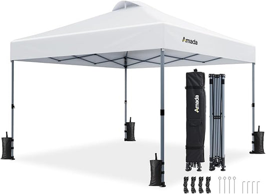 Amada 12x12 Pop Up Canopy - Center Lock One Push Instant Setup Gazebo Outdoor Canopy Beach Tent with STO-N-Go Bag 8 Stakes & 4 Sand Bags, 3-Height Adjustable Shade Shelter (12x12ft, White)