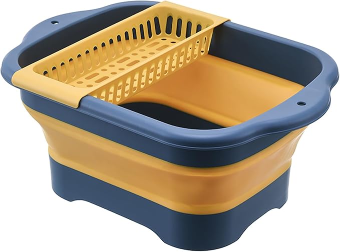 2.98 Gallon (11.28L) Collapsible Dish Basin with Drain Plug, Outdoor Multiuse Foldable Sink Tub, Dishpan, Wash Basin, Portable Kitchen Storage Tray for Camping, RV, Beverage Bucket (Yellow)