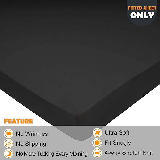 Stretch Twin Size Fitted Sheet Only - 4 Way Stretchy Jersey Knit, Snug Fit for Twin & XL Mattress(Standard/RV, Deep/Shallow), Non Slip, Cozy T-Shirt Soft & Comfortable - Dark Gray