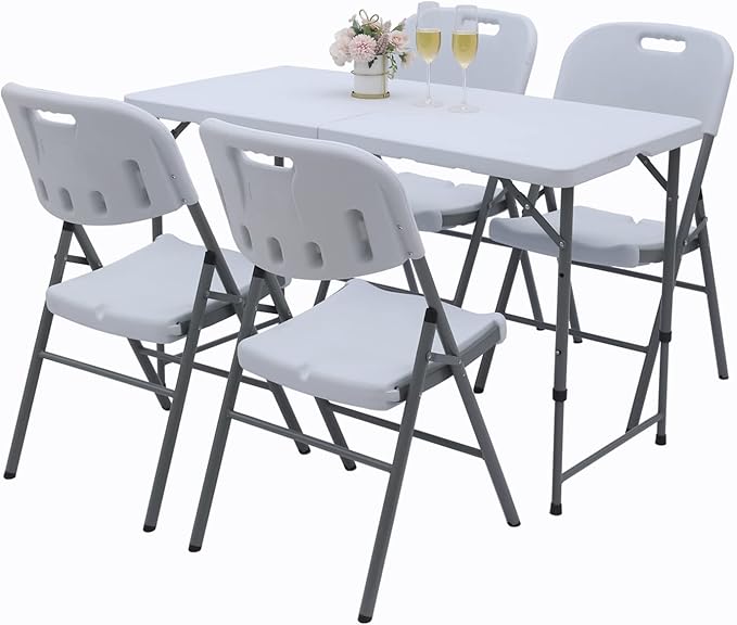 Folding Table 4-FootSmall White Plastic Utility Table Portable,Indoor and Outdoor Adjustable Height with HandleTable, Camping,Partyand Gathering