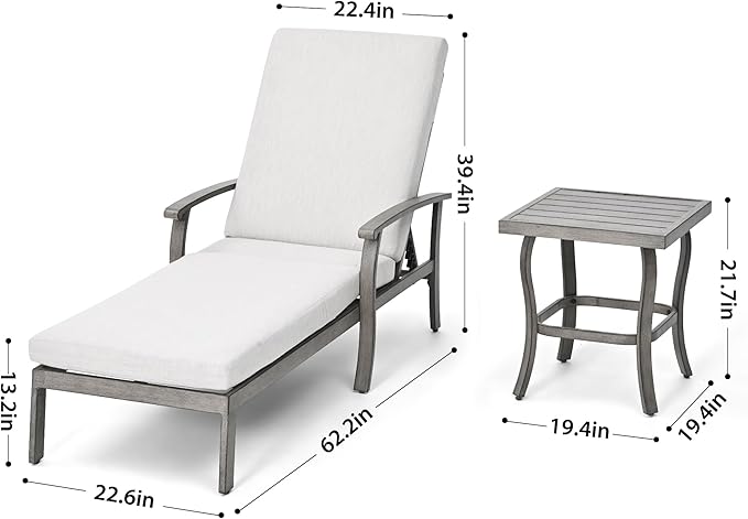 HAPPATIO Aluminum Patio Chaise Lounge Set 2 Pieces, Aluminum Patio Lounge Chair with Side Table, Pool Lounge Chair with Cushion for Patio Deck Poolside (Gray)