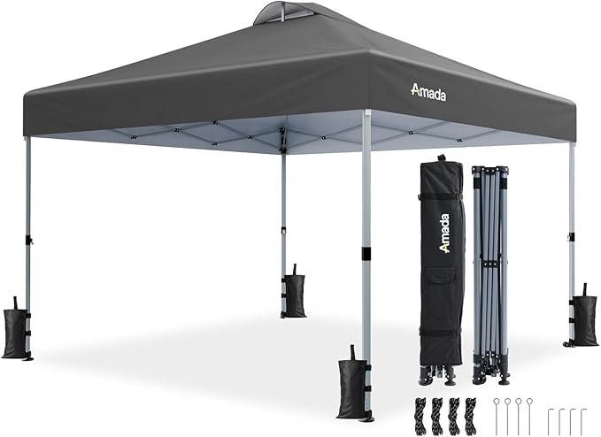 Amada 10x10 Pop Up Canopy - Center Lock One Push Instant Setup Gazebo Outdoor Canopy Beach Tent with STO-N-Go Bag 8 Stakes & 4 Sand Bags, 3-Height Adjustable Shade Shelter (10x10ft, Grey)