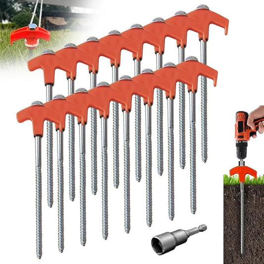 8" Screw in Tent Stakes - Ground Anchors Screw in, 2024 Upgraded Drillable Tent Stakes, Heavy Duty Metal Stake Ground Anchor Peg Threaded Tent Spikes with 1 Hex Head Driver