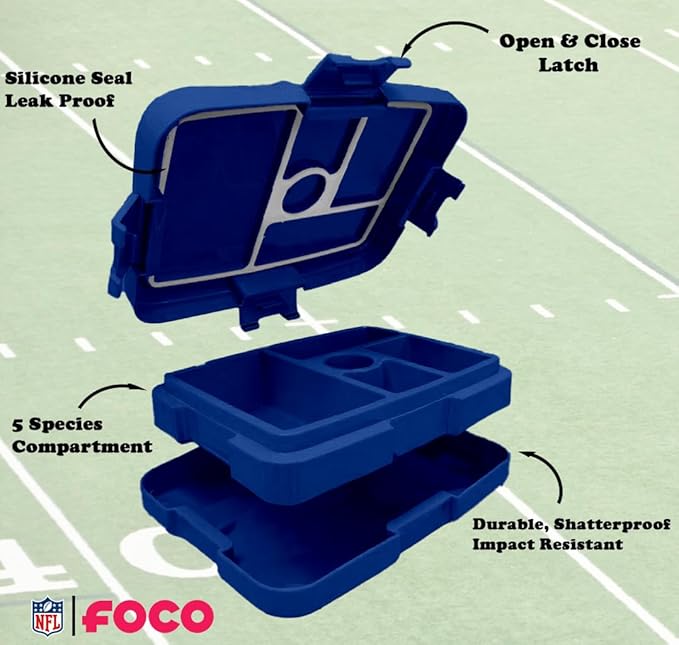 FOCO NFL Unisex-Adult Officially Licensed Team Color Stripe Primary Logo Football Leak Proof 5 Compartment Bento Lunch Box - Buffalo Bills
