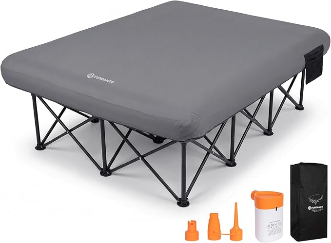 FUNDANGO Queen Camping Cot with Electric Pump, 2 Person Inflatable Air Mattress with Folding Frame, Portable Camping Bed with Cup Holders & Removable Cover for Adults, Tent Guest, Carry Bag Included
