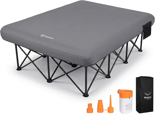 FUNDANGO Queen Camping Cot with Electric Pump, 2 Person Inflatable Air Mattress with Folding Frame, Portable Camping Bed with Cup Holders & Removable Cover for Adults, Tent Guest, Carry Bag Included