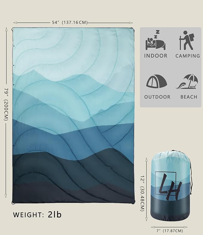 Outdoor Puffy Camping Blanket, Lightweight Down Alternative Puffy Waterproof Stadium Blanket with Portable Bag, Lightweight Camping Blanket for 2 People, Cold Weather, Sports, Travel, Car, 79*54 inch