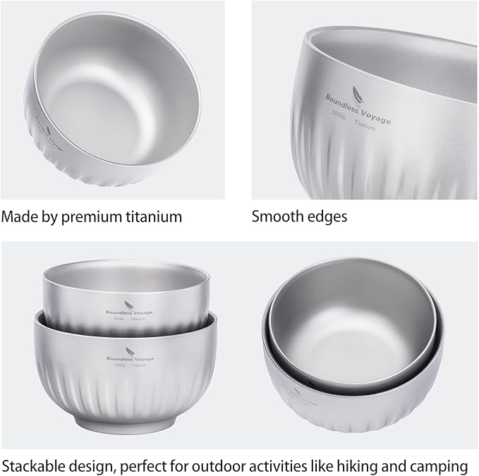 iBasingo 500ml Titanium Bowl Double Walled Oatmeal Food Rice Soup Bowl Ultralight Portable Tableware Outdoor Camping Metal Bowl Ti1165T
