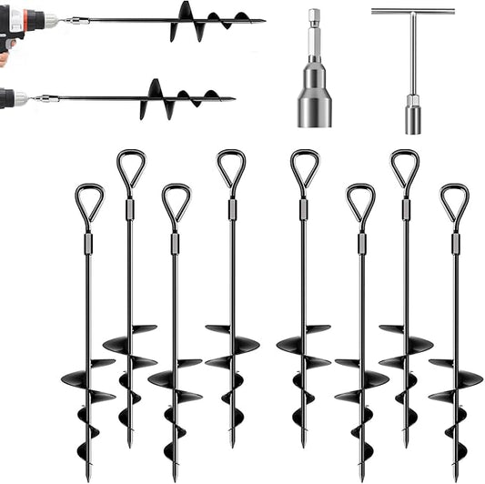 18.7" Ground Anchor, Heavy Duty Earth Anchors Swing Sets Anchor Kit with T-Handle Hex Wrench for Gazebo,Mobile Home,Camping Tent, Inflatable Castles, Sheds, Trampoline,Carports(Ring,8Pcs)