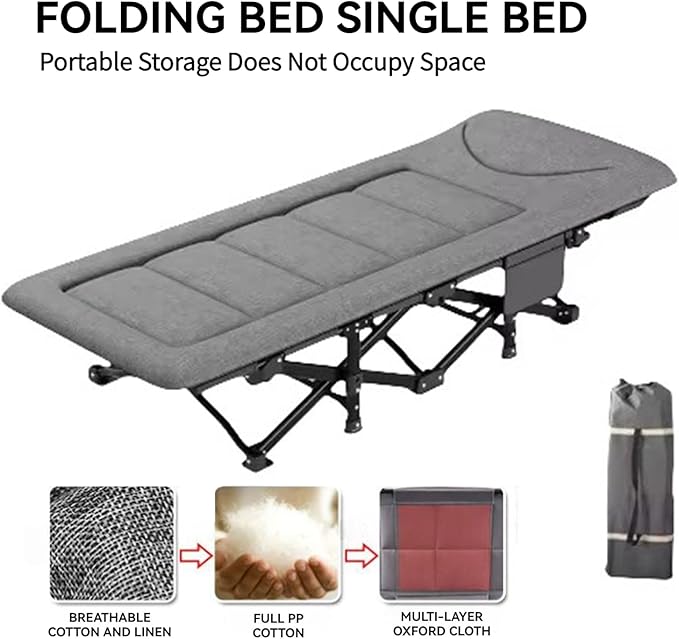 Camping Cot for Adults, Portable Folding Bed with Mattress and Carry Bag,Camping Bed with Side Pockets, Sleeping Cot for Office Home Nap, Outdoor, Camping, Travel, Supports 450 lbs