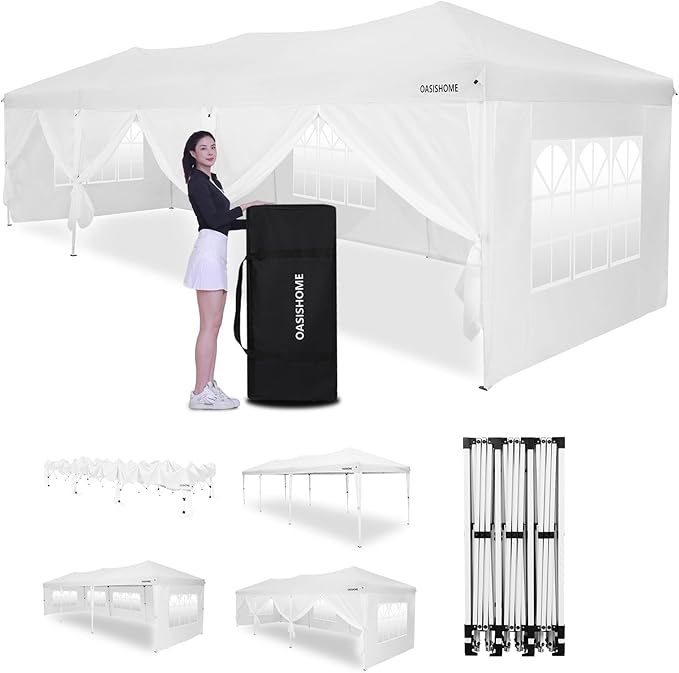 OASISHOME 10'x30' One Push Setup Pop-Up Canopy Tent with 8 Removable Sidewalls,Carry Bag,Waterproof Commercial Gazebo for Weddings/Outdoor Events, Heavy-Duty Frame(White, 10x30(One Push Setup))