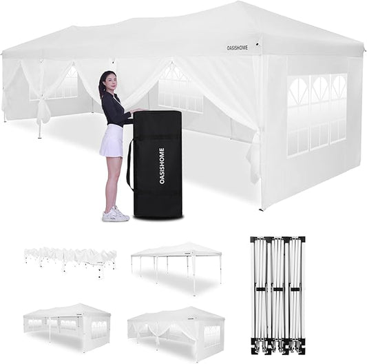 OASISHOME 10'x30' One Push Setup Pop-Up Canopy Tent with 8 Removable Sidewalls,Carry Bag,Waterproof Commercial Gazebo for Weddings/Outdoor Events, Heavy-Duty Frame(White, 10x30(One Push Setup))
