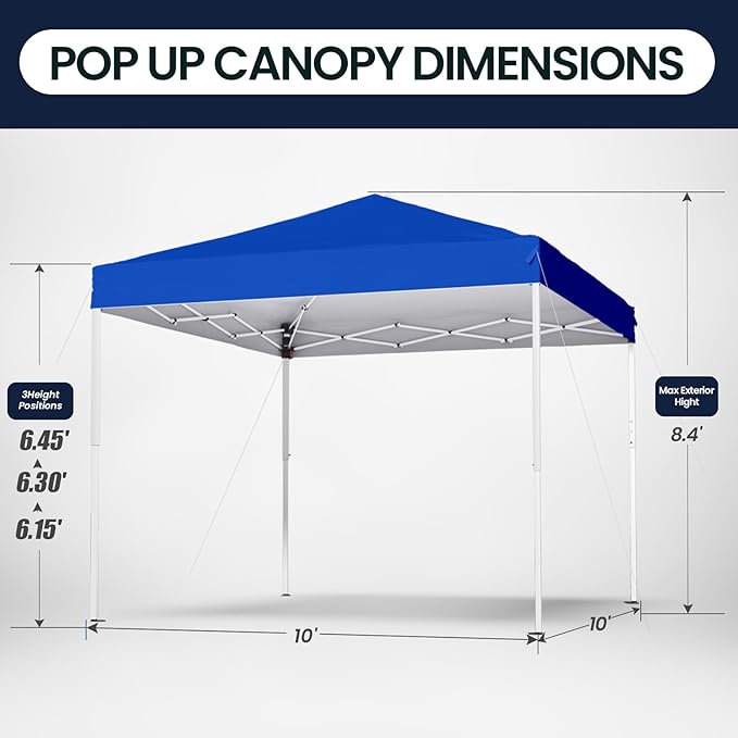 Shades 10x10 Pop Up Canopy, Heavy Duty Beach Tent with Carrying Bag for Easy Moving, Sun Shelter for Parties, Events, Camping, Outdoor Gazebo with 420D PU Coated Waterproof Blue Fabric