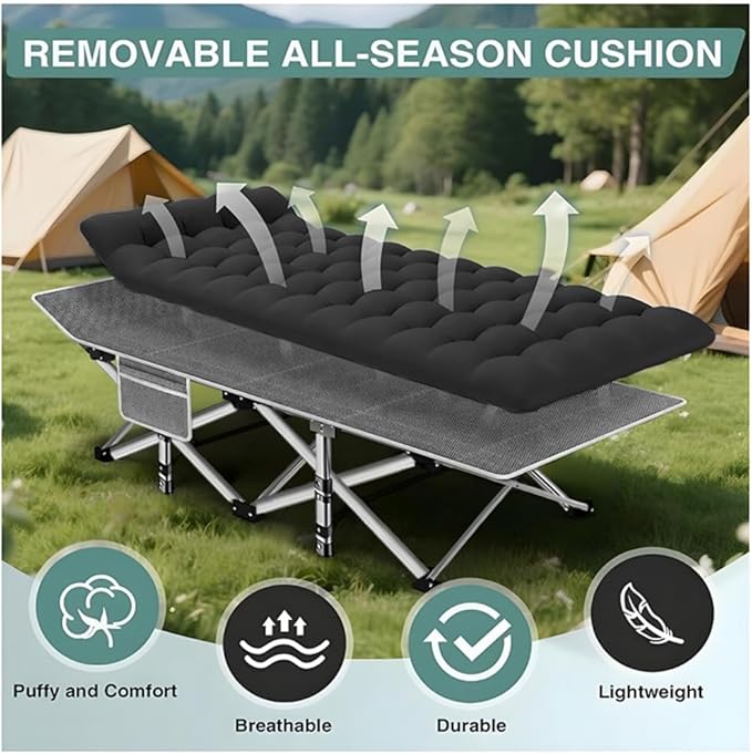 Comfortable and Soft Folding Bed, Portable Camping cot with Side Pockets and Mattress, Extra-Thick Oversized Folding Bed, Weight Capacity of 500/600/700 lbs (Grey 600lbs)