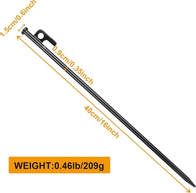 12 Pcs 16 Inch Tent Stakes Heavy Duty Metal Tent Pegs, Camping Steel Tent Stakes for Unbreakable and Inflexible Camping Backyard Rocky Ground