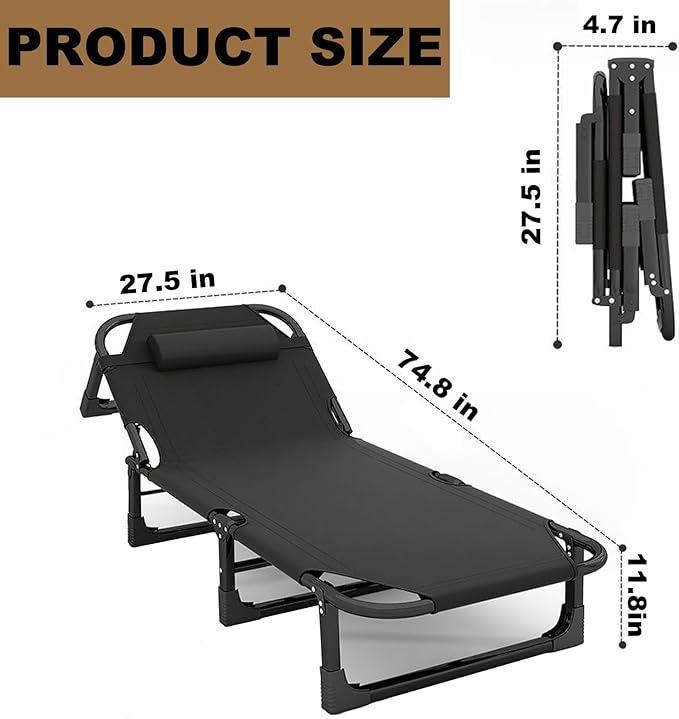 Portable Folding Camping Cot, Adjustable 4-Position Adults Reclining Folding Camping Cot Sleeping Bed Cots for Office Pool Beach Patio Camping Lawn Outside (Gray)