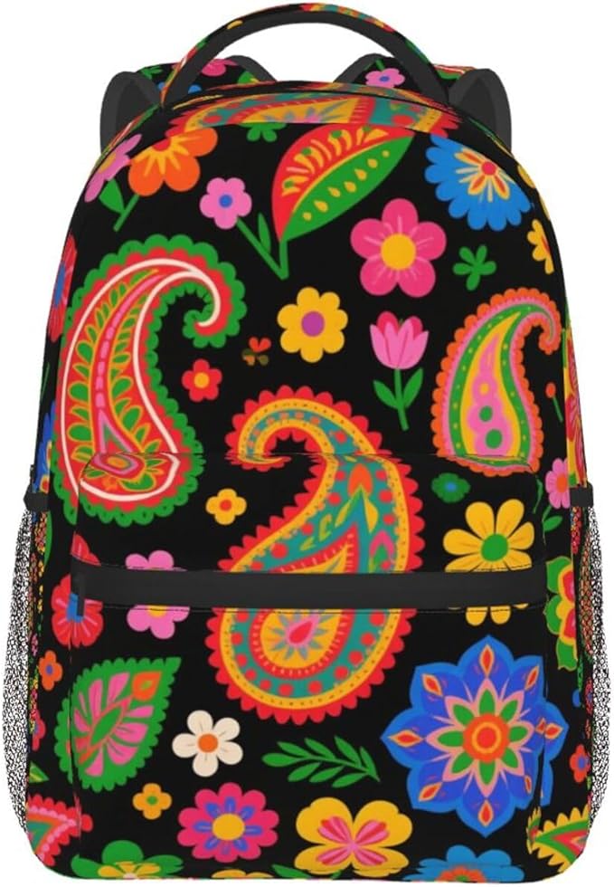 Rucksack Anti-Theft Multipurpose Large Capacity Carry On Bag, Abstract Paisley Texture Pattern Travel Hiking Bag Day Pack With Side Pockets