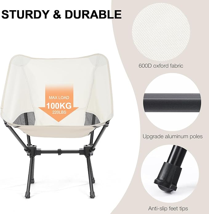 Folding Portable Camping Chair, Lightweight Compact Backpacking Hiking Chair, Beach Chair for Adults,White