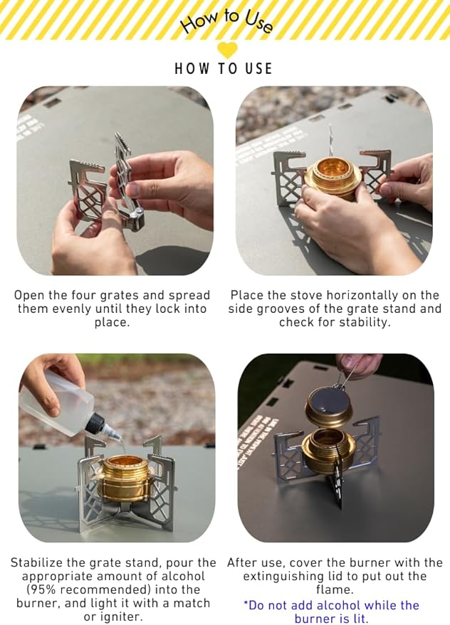 CAMPINGMOON Alcohol Stove Brass Stainless Steel Mini for Backpacking Hiking Rack Cross Stand AS-1