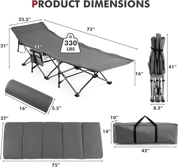 Tangkula Camping Cot for Adults, Folding Sleeping Cot with Removable Mattress, Pillow, Side Pocket, Portable Indoor Outdoor Cot Bed with Carry Bags for Travel, Camp, Office, Home (Grey)