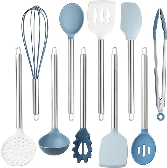 COOK WITH COLOR Silicone Cooking Utensils, Kitchen Utensil Set, Easy to Clean Silicone Kitchen Utensils, Cooking Utensils for Nonstick Cookware, Kitchen Gadgets Set, 10 Pieces, Blue and White