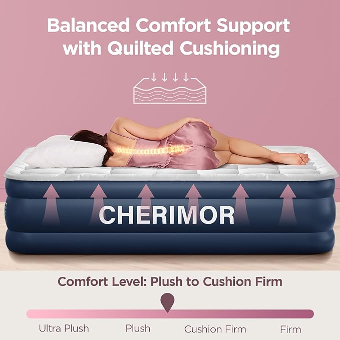 Twin Air Mattress with Built-in Pump & Luxury Quilted Topper (Washable & Detachable), 20" Raised Comfort, 450lb Support, 2.5 Min Fast Inflate, Blow up Mattress for Guest Camping & Sleepover