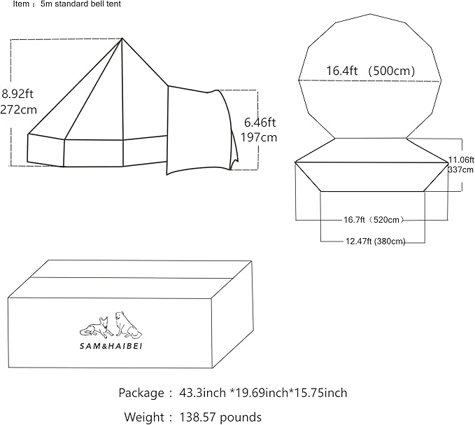 Canvas Tent Bell Tent Glamping, 4 Seasons Yurt for Camping, 4M/5M Cotton Canvas for Family Camping, Outdoor Hunting, or Party (13ft-16.5ft). Durable, Spacious, and Versatile