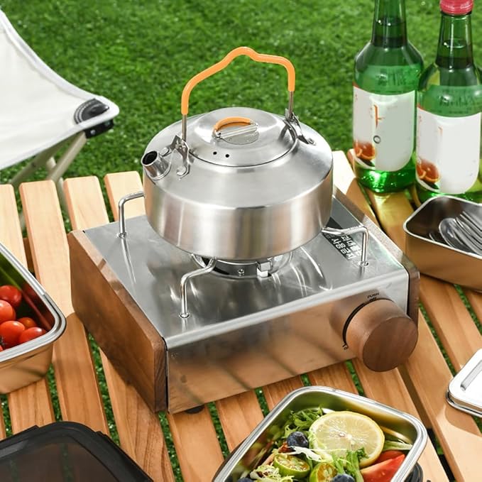 Camping Kettle, Portable Stainless Steel Tea Coffee Pot, Outdoor Water Teapot with Safe Handle for Picnic, Fishing, Backpacking