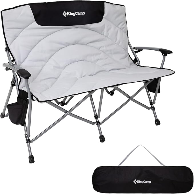 KingCamp Double Camping Chair for Adults, Oversized 2-Person Portable Folding Chair 600 lbs Heavy Duty Outdoor Loveseat with Armrest Cup Holders, Padded Seat and Back for Camping Picnic Patio