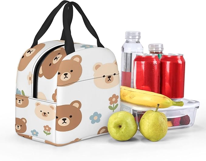 Cute cartoon bear faces flowers digital art Insulated Lunch Bag Oxford Cloth & Thick Foil Cooler Warmer Tote Waterproof Wear-Resistant with Front Pocket for Work Picnic Outdoor Travel