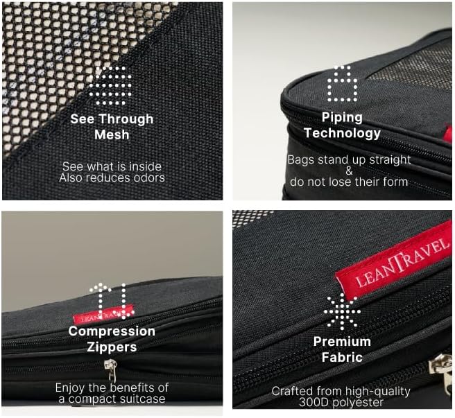 LeanTravel Compression Packing Cubes for Travel Organizers with Double Zipper (6-Pack (2L+2M+2S), Black)