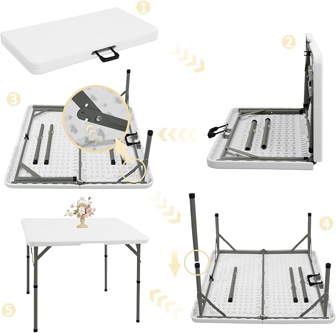 34" Square Folding Table,Multi-Functional Portable Folding Card Table with Carrying Handle for Indoor Outdoor Camping,Picnic, Office, Party Use, HDPE Plastic Tabletop with Metal Frame(White)