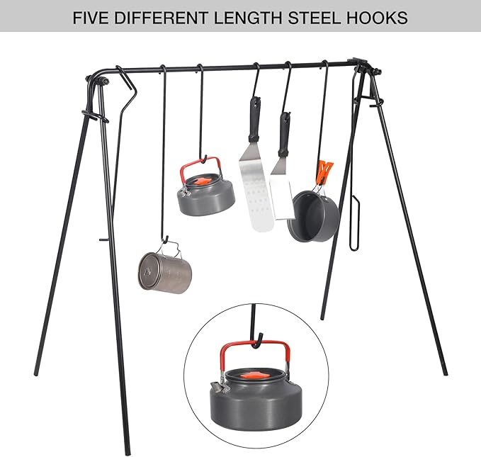 REDCAMP Swing Campfire Grill Stand - Collapsible Campfire Cooking Rack with 6 Hooks & Iron Grill Grate, Portable Dutch Oven Hanger for Outdoor Camping, Cookware, Bonfire, Round