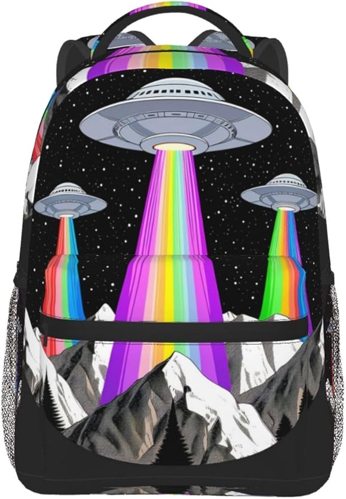 Men Women Lightweight Rainbow Ufo Gay Pride Art Daypack Bookbag Big Capacity Carry On Bag With Side Pockets for Camping Travel Bicycle