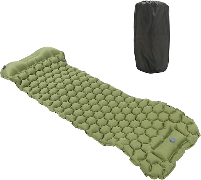 Inflatable Camping Sleeping Pad Mat, Ultra Lightweight Air Cushion Mattress for Tent Hiking Travel, 2 Way Valve Design with 40D Nylon Fabric and TPU Laminate, Compact Foldable (Green)