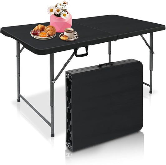 AJP Distributors 4 Foot Portable Plastic Folding Table 4FT 48" Half Foldable Heavy Duty Top w/Carry Handle - Indoor Outdoor Backyard Camping Picnic BBQ Party Wedding Dining Office Event Meeting Black