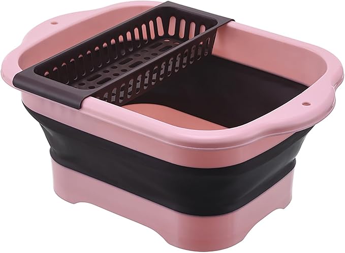 2.98 Gallon (11.28L) Collapsible Dish Basin with Drain Plug, Outdoor Multiuse Foldable Sink Tub, Dishpan, Wash Basin, Portable Kitchen Storage Tray for Camping, RV, Beverage Bucket (Pink)