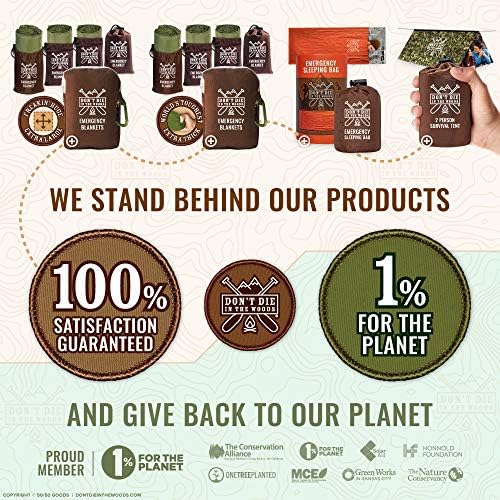 Don't Die In The Woods - Freakin’ Huge Emergency Blankets [4-Pack] Extra-Large Thermal Mylar Space Blankets with Ripstop Nylon Stuff Sacks + Carabiner Zipper Pack [Army Green]