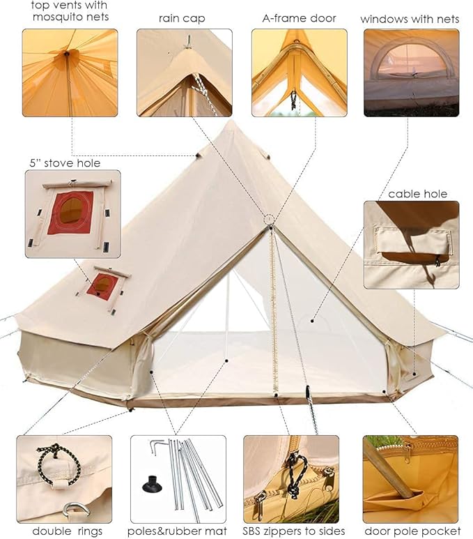 WINTENT 2 Doors All Seasons Cotton Canvas Bell Tent with Stove Jack for Camping 4/6/8/10 Persons