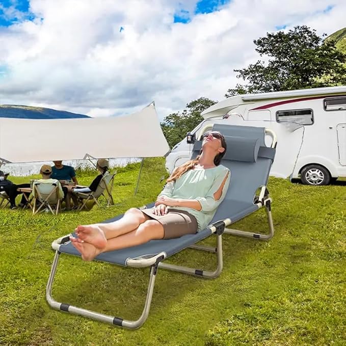 Leo IRis Portable Folding Camping Cot, Oversize Adjustable 5-Position Adults Reclining Lounge Chairs with Pillow, Heavy Duty Oxford Cloth 600D with Mattress (Gray - Simple Bed (No Mat))