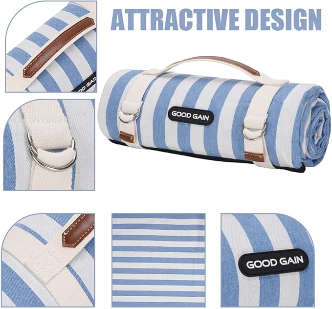 Picnic Outdoor Blankets Waterproof Extra Large - Beach Mat Sand Free Foldable with Carry Strap | Portable Camping Blanket | Park Blanket for Grass , Hiking, Travel, Concerts, Indoor (Cerulean Blue)