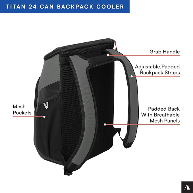 Titan by Arctic Zone Backpack Cooler, Insulated Soft Sided Bag with Leak Proof Lining and Padded Straps, for Lunch, Picnic, and Travel, 24 Can Capacity