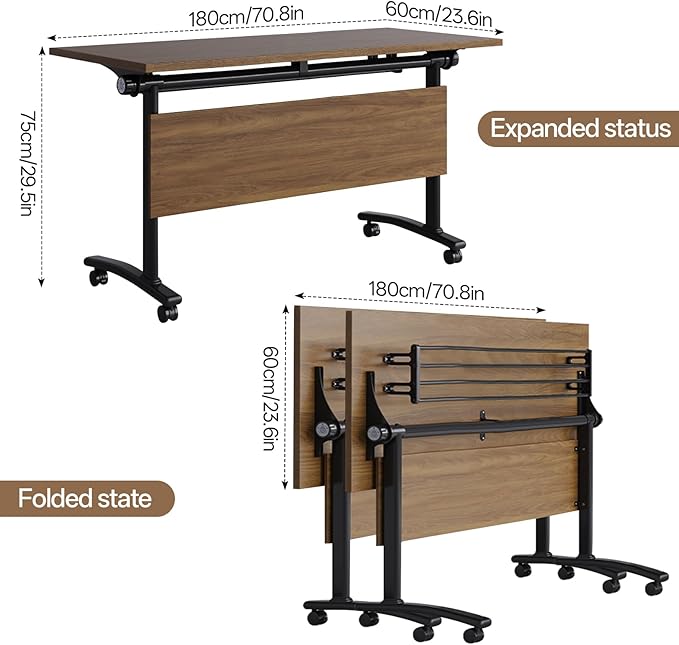 Folding Conference Table with Flip Top, 70.8" Training Desk on Wheels, Sturdy Rolling Meeting Table for Office or Study Areas