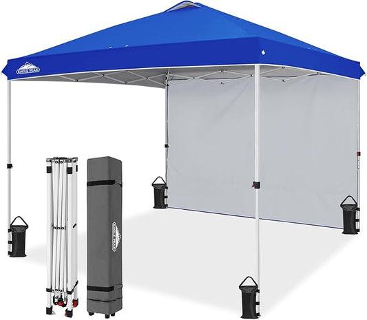 EAGLE PEAK Pop Up Canopy Tent with 1 Sidewall, Easy Setup Event Tent, Outdoor Sun Shade, Wheeled Carry Bag, Stakes and Guy Ropes, Instant Canopy 10x10, Blue