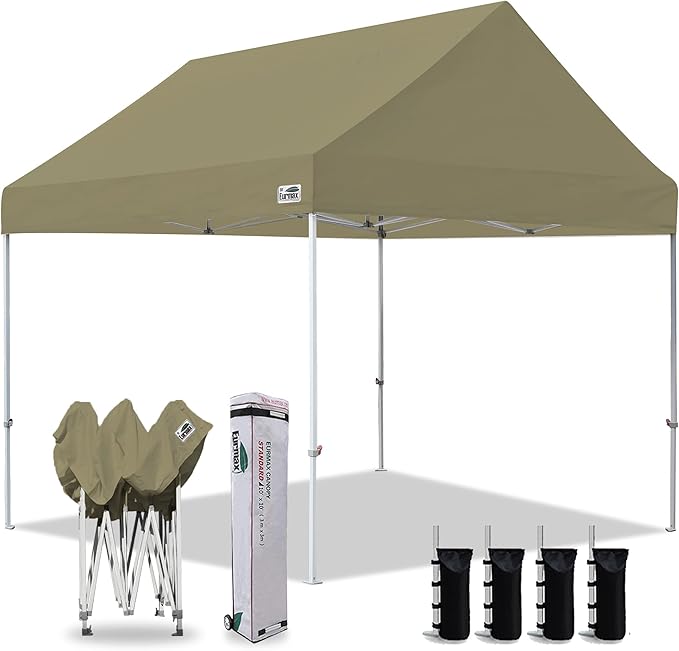 Eurmax USA Patented 10x10 Pop Up Canopy Tent Party Tent Commercial Instant Canopies Shelter with Heavy Duty Roller Bag,Bonus 4 Sand Bags (Khaki)