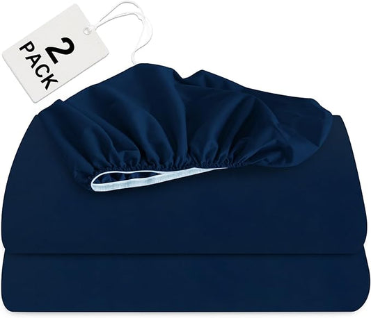 Biloban Twin Fitted Sheet 2 Pack, Twin Bedding Fitted Sheets Only with Deep Pocket up to 14", Bottom Sheet, Shrinkage & Stain Resistant Fitted Bed Sheets, Wrinkle Free & Easy Care, Navy Blue